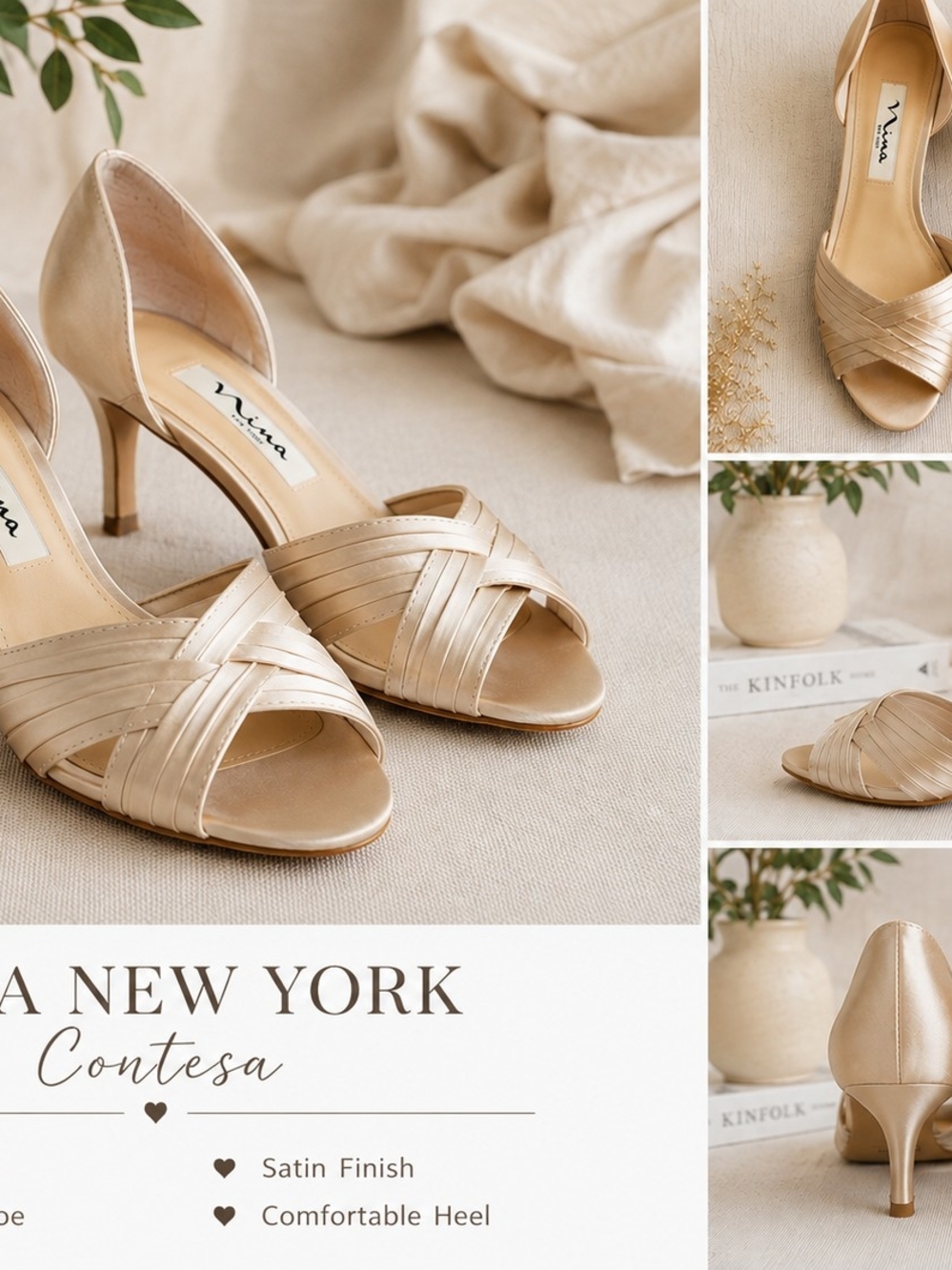 NINA New York Contesa Satin Open-Toe Heel in Champagne